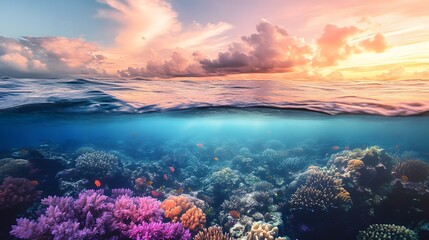 Naklejka premium Vibrant Coral Reef Underwater Scene with Sunset Above Ocean Surface
