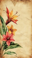 Vibrant Tropical Flowers on Antique Paper Background