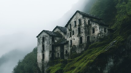 Obraz premium Monastery in the mountains, with overgrown moss and ruins.
