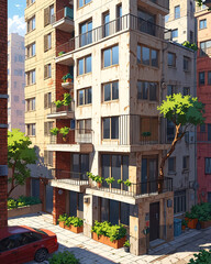 Fototapeta premium Powerful Anime Art Style of Classic Apartment Building Abandoned and Left to Weather Over Time Background Illustration Aesthetic