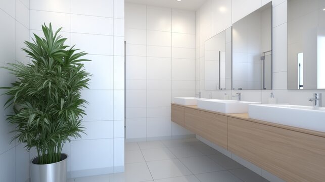 Modern restroom sinks, plant, mirrors, bright lighting, clean design, architectural visualization, commercial space