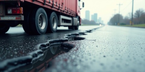 Severe Road Deterioration A Large Truck Approaches a Heavily Damaged Asphalt Surface