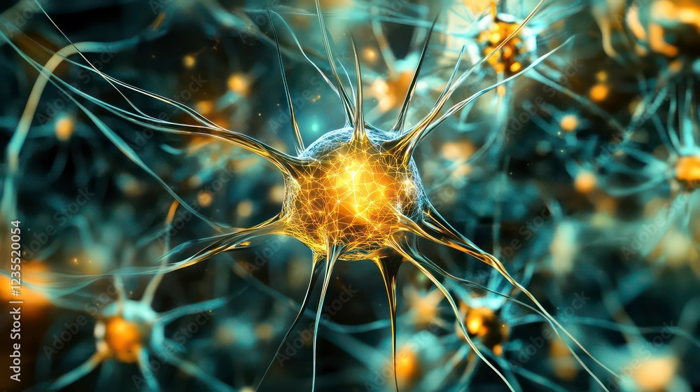 Aufkleber microscopic view of glowing neuron cells network, intricate connections and synapses.