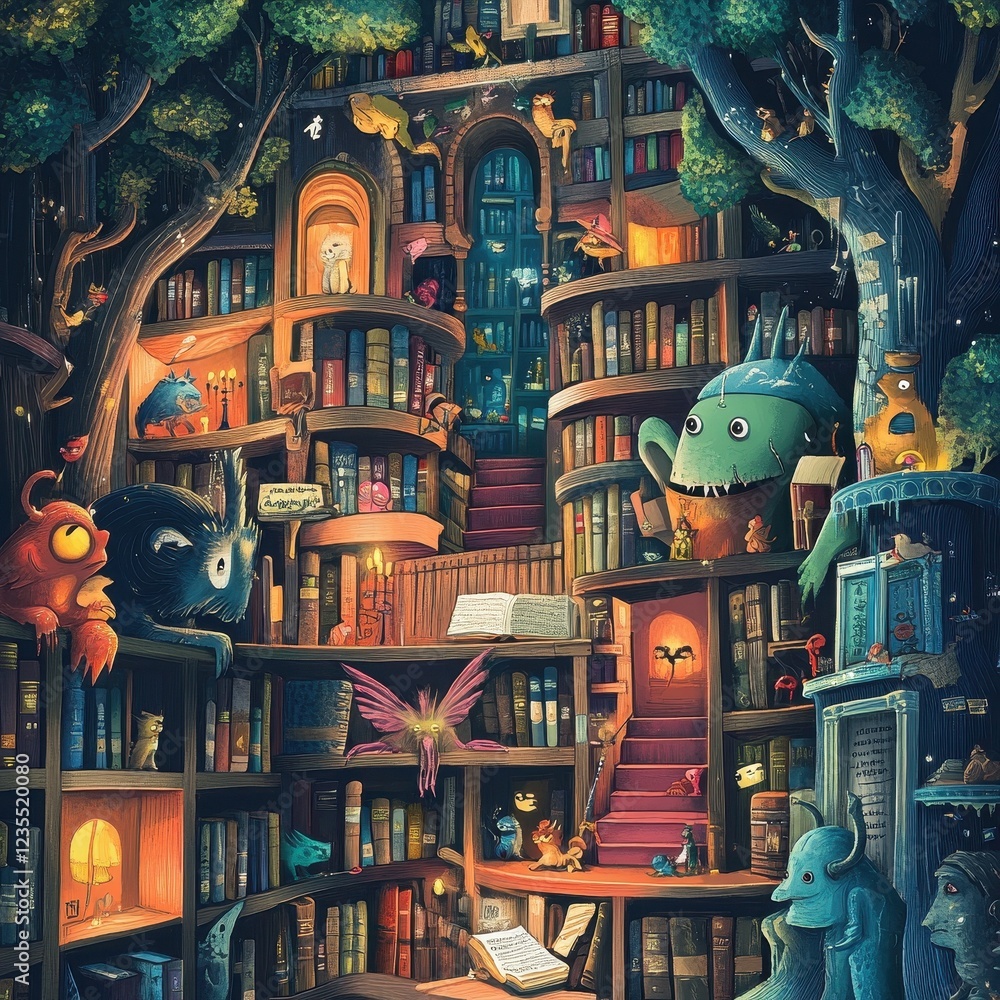 Poster enchanting treehouse library filled with magical creatures