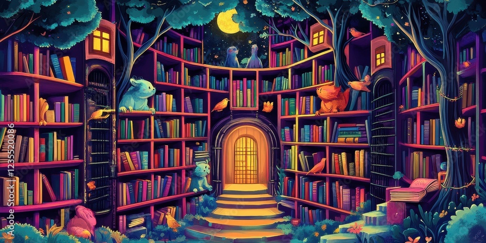 Poster enchanting library treehouse with magical creatures