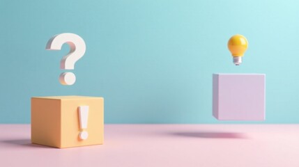 Abstract pastel cubes display question mark, exclamation point, and lightbulb symbolizing problem-solving and innovative ideas
