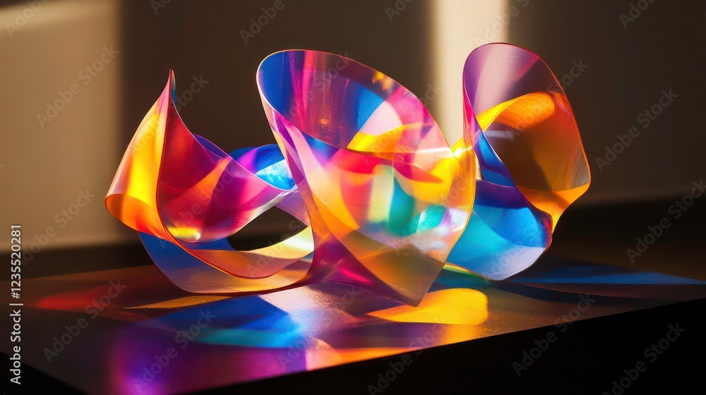 Poster abstract iridescent sculpture with vibrant colors and dynamic curves, reflecting light on a dark sur