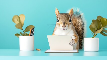 Cute squirrel sitting at a desk with stationery and plants, working on a blank document in a colorful office setting