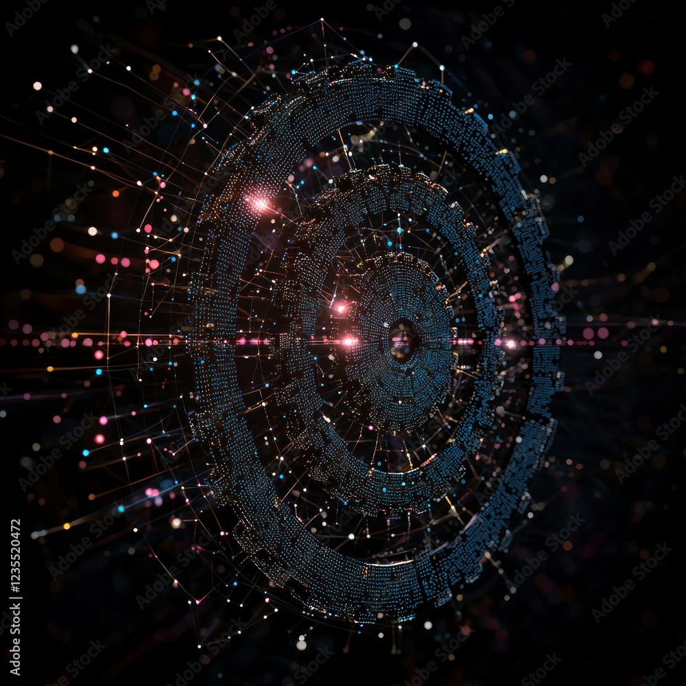 Poster abstract digital gear network polygonal mesh data technology connection future innov