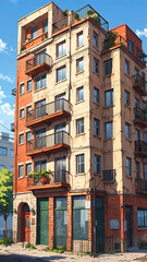 Naklejka premium Stunning Anime Illustration of Abandoned Classic Apartment Building Surrounded by Overgrowth Background Illustration Aesthetic