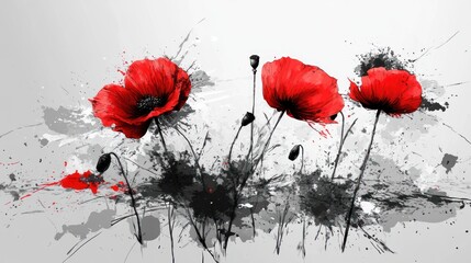 Red poppies abstract art, grey background, nature painting, home decor