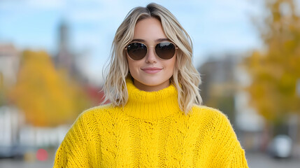 Woman in yellow sweater, autumn city background, sunglasses
