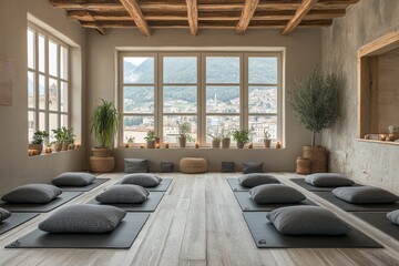 Serene Yoga Studio with Black Mats on White Walls Creating Tranquil Atmosphere for Practice