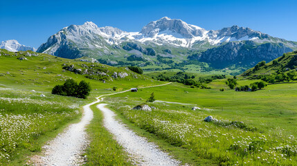 Fototapeta premium Winding dirt road leads through a lush green valley toward snow-capped mountains under a clear blue sky.