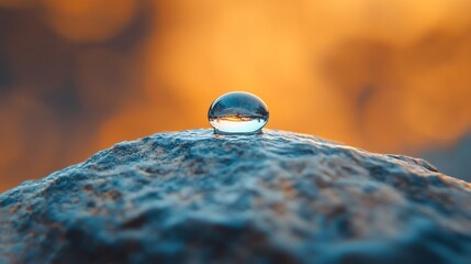 Perfect Waterdrop Perches on Blue Rock Warm Sunset Light. AI Generated
