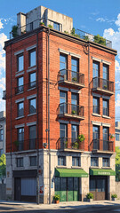 Fototapeta premium Vintage Anime Style Rendering of Classic Apartment Building in Abandoned Overgrown Condition Background Illustration Aesthetic