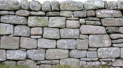 Fototapeta premium Weathered Stone Wall with Moss and Lichen Accentuating Textures