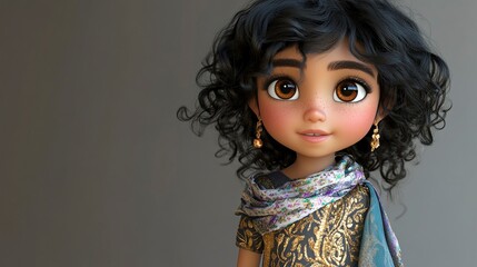 Adorable 3D Render of a Young Girl with Curly Hair and Traditional Clothing
