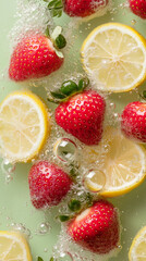 Fresh Strawberries and Lemon Slices in Bubbling Water on Green Background