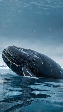 A breathtaking image of a massive bowhead whale swimming gracefully in icy Arctic waters