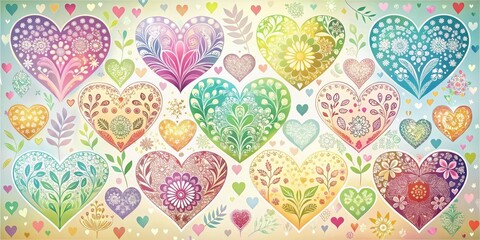 Colorful hearts with floral patterns and pastel colors on a soft, gradient background , Love, Romance