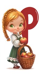 Adorable Girl with Apples and Letter P Illustration