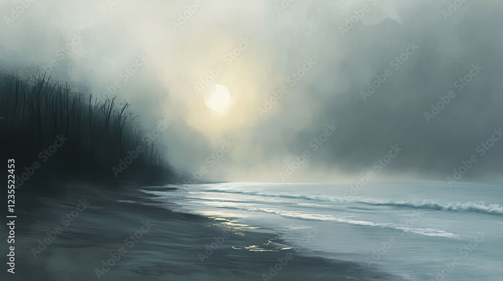 Poster tranquil beach at dawn with gentle waves lapping on the shoreline and a soft mist enveloping the hor