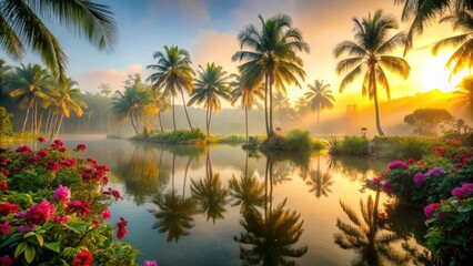 Palm trees surrounded by lush greenery and blooming flowers along a serene lake at dawn with soft golden light filtering through the misty atmosphere, tropical sunrise, peaceful scene
