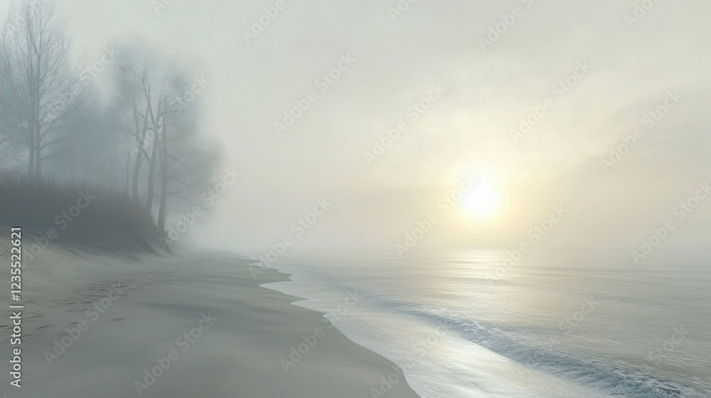 Poster serenity of dawn at the tranquil beach with soft waves and foggy ambiance. generative ai