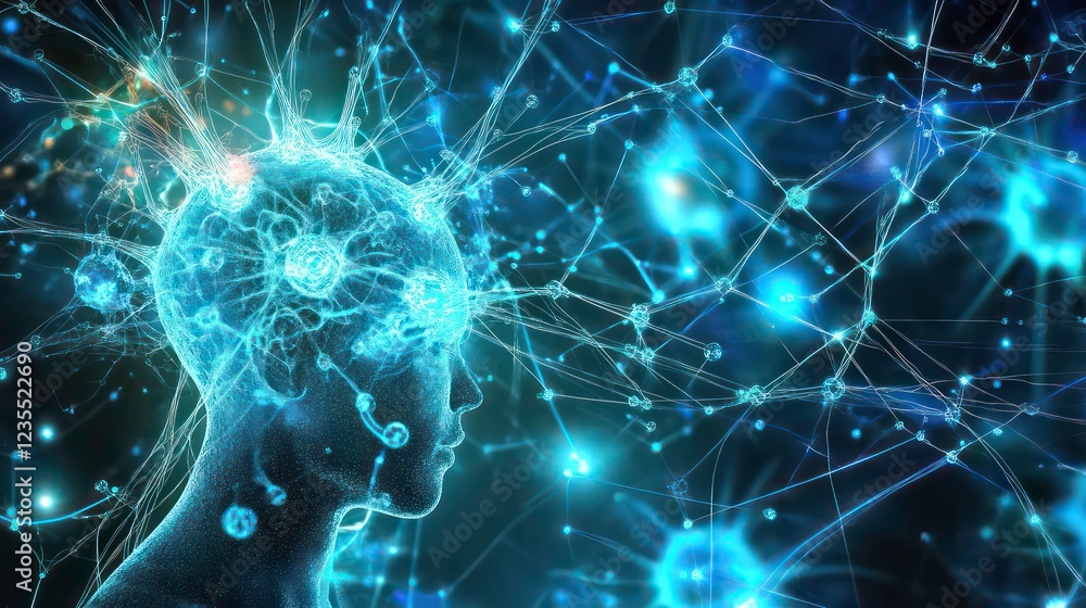 Poster abstract neural network connecting human brain, glowing blue, digital art.