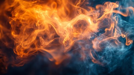 Fototapeta premium Fiery orange and cool blue smoke swirl dramatically against dark background. AI Generated