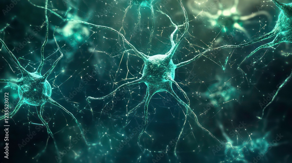 Poster microscopic view of interconnected neurons, complex neural network, brain cells, synapses, connectio