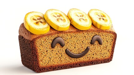 A happy banana bread loaf cake with a smiling face and banana slices on top, isolated on a white background.