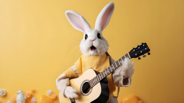 Lustiger Hase spielt Gitarre auf gelbem Hintergrund
