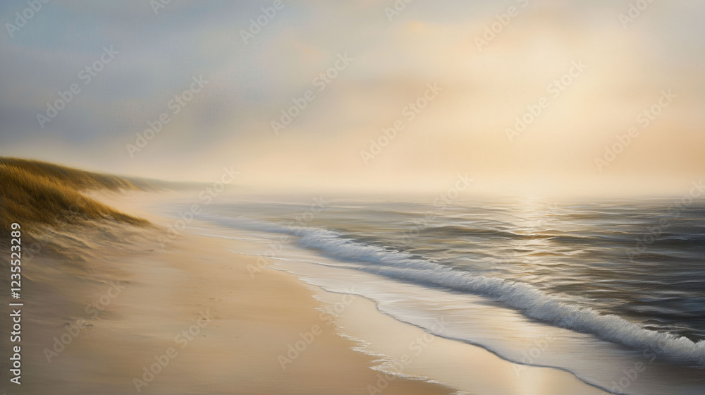 Poster tranquil beach at dawn with gentle waves lapping the shoreline and soft light illuminating the sky. 