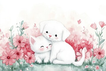 A charming illustration featuring a cute white puppy and kitten nestled together among vibrant flowers, evoking joy and warmth in a serene setting.