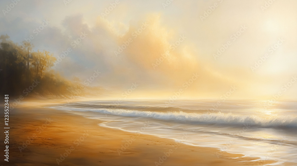 Poster tranquil beach at dawn with gentle waves lapping on the golden shoreline and soft clouds in the sky.