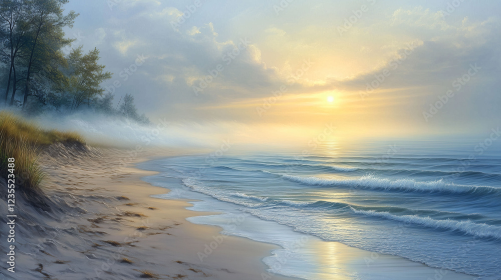 Aufkleber tranquil beach at dawn with gentle waves lapping at the shoreline and mist hovering above the calm w
