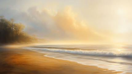 Tranquil Beach at Dawn With Gentle Waves Lapping on the Golden Shoreline and Soft Clouds in the Sky. Generative AI