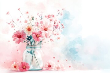 Obraz premium A delicate watercolor illustration of pink flowers in a glass jar, set against a soft pastel background, perfect for home decor and floral themes.
