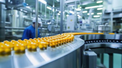 Obraz premium A state-of-the-art industrial pharmaceutical manufacturing plant with engineers overseeing the production of life-saving medications under strict quality control