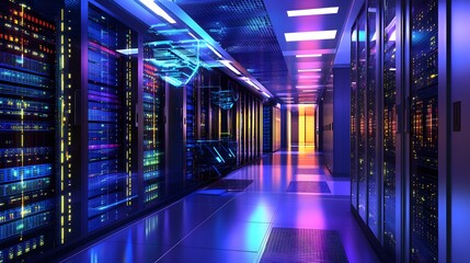 Fototapeta premium Futuristic Data Center with Colorful LED Lights and Server Racks