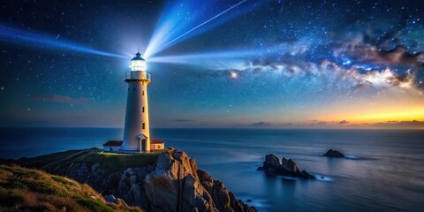 Lighthouse beam in the night sky, oceanic atmosphere