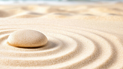 smooth pebble rests on fine sand, creating gentle ripples around it