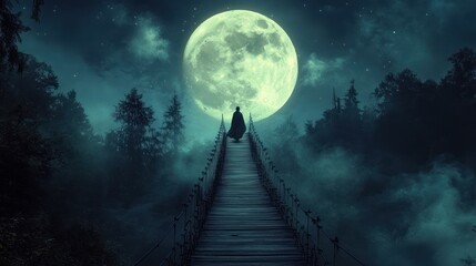 Silhouette on bridge, moonlit forest, mystical night, fantasy art, cover art