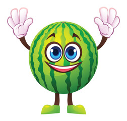 Watermelon character raising hands, full of excitement. Vector cartoon illustration