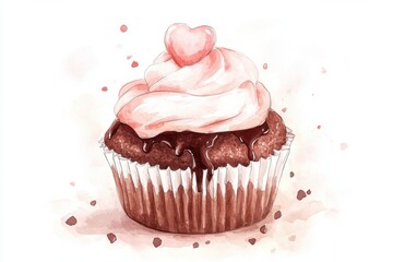 Delicious chocolate cupcake topped with creamy pink frosting and a heart-shaped decoration, perfect for celebrations and sweet moments.