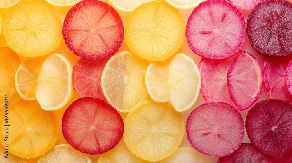 Poster colorful lemon and radish slices arranged in a vibrant pattern.
