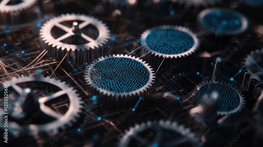 Poster abstract gears polygonal mesh technology network machine cogwheels dark background