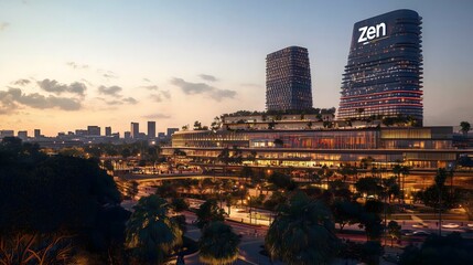 Obraz premium Modern architecture with lush greenery; evening glow highlights innovative design and urban landscape.